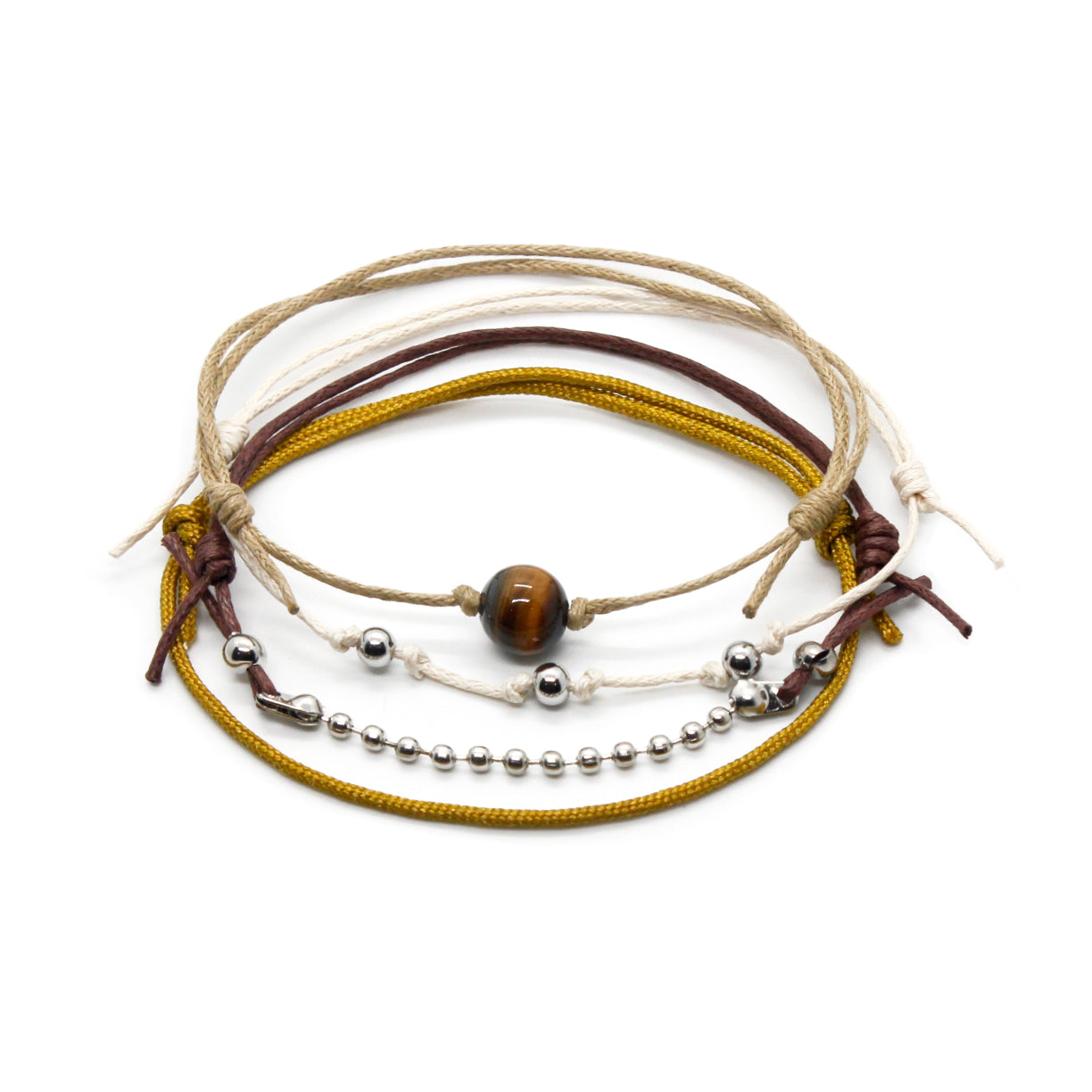Stackable braclets deliver calm tiger eye style