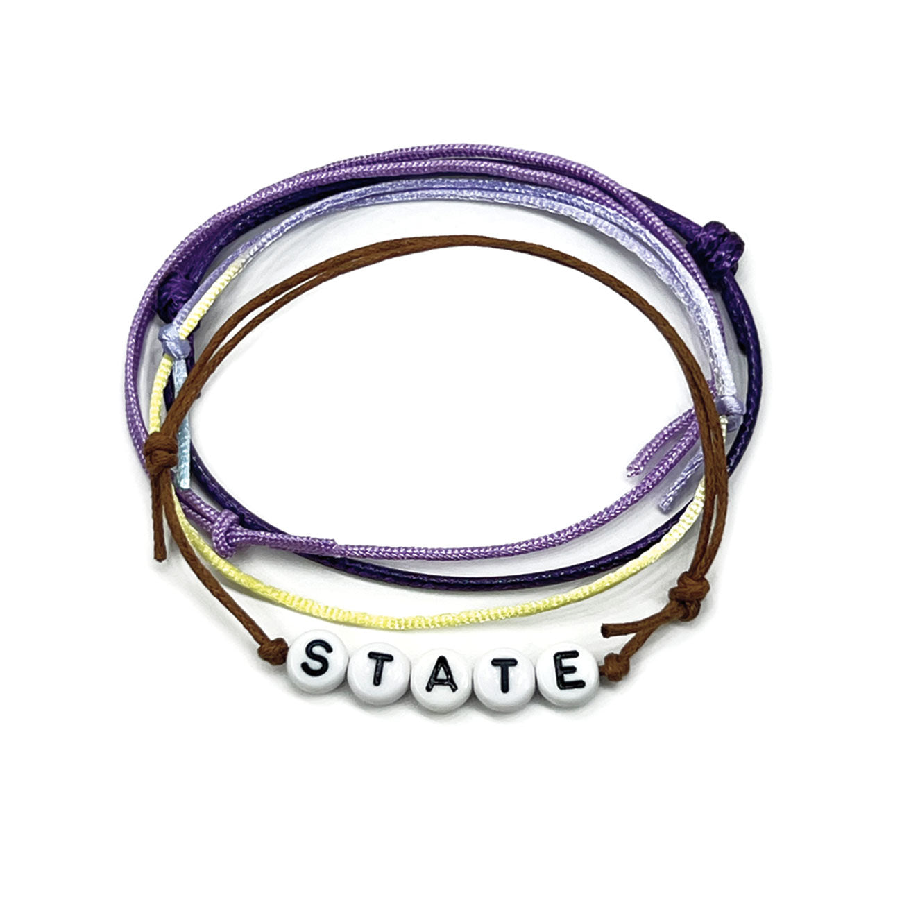 Purple custom jewelry bracelet spells out your state
