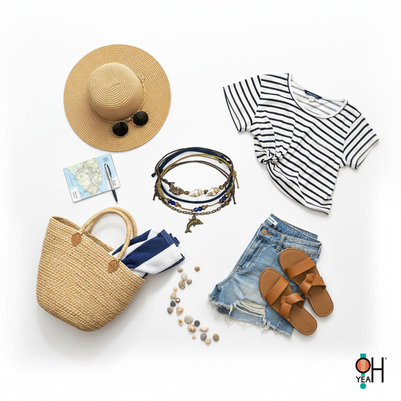 Flat lay of a nautical summer outfit with straw hat and sunglasses, navy striped crop top, ripped denim shorts, tan sandals, woven beach tote with striped towel, travel map and scattered shells surrounding a navy and tan dolphin charm bracelet stack from O Yeah Gifts; lifestyle beach jewelry image, ai jewelry image, ai bracelet photo, product photography jewelry, trend jewelry photography.