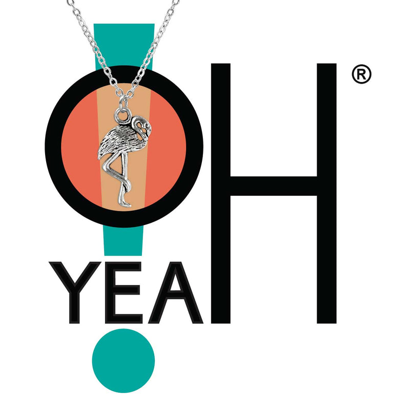 Flamingo charm necklace on O Yeah Gifts logo – tropical silver flamingo pendant jewelry for beach lovers, flamingo fans and coastal gift boutiques