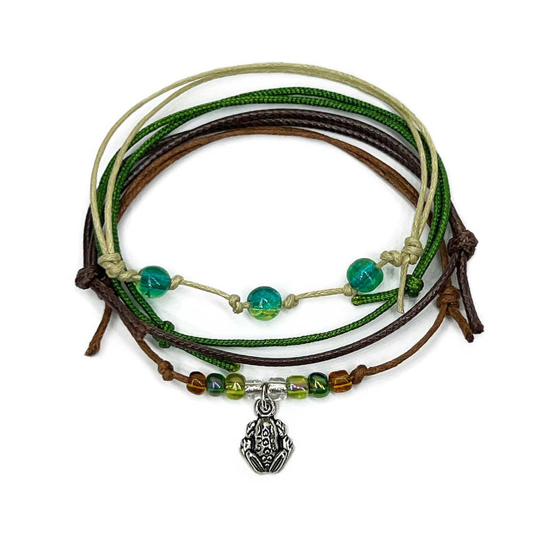 Frog Bracelet Style Pack with 4 waterproof, stackable garden bracelets in soft green tones and a silver frog charm. Cottagecore style meets nature-loving charm.