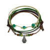 Frog Bracelet Style Pack with 4 waterproof, stackable garden bracelets in soft green tones and a silver frog charm. Cottagecore style meets nature-loving charm.