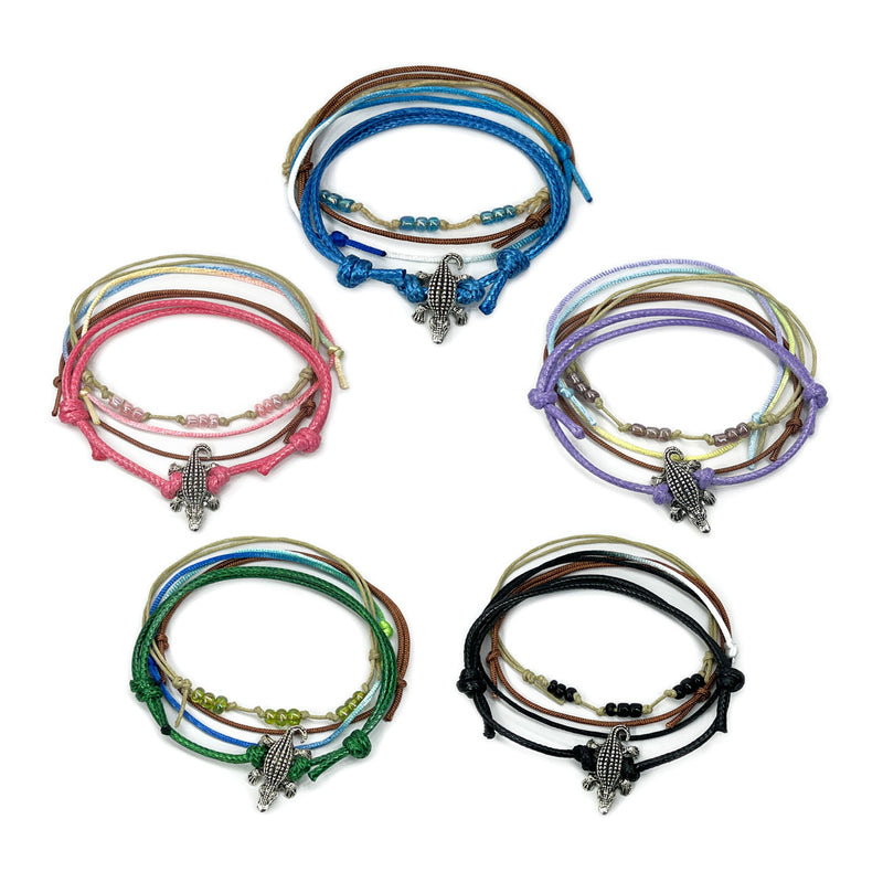 Set of 5 Gator Charm Bead Bracelets in pink, purple, blue, green and black featuring alligator charms and stylish bead designs from O Yeah Gifts.