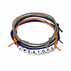 I Heart Gators bracelet stack — 4-pack of letter bead bracelets spelling I love Gators in blue, orange and black, Florida Gators game day jewelry