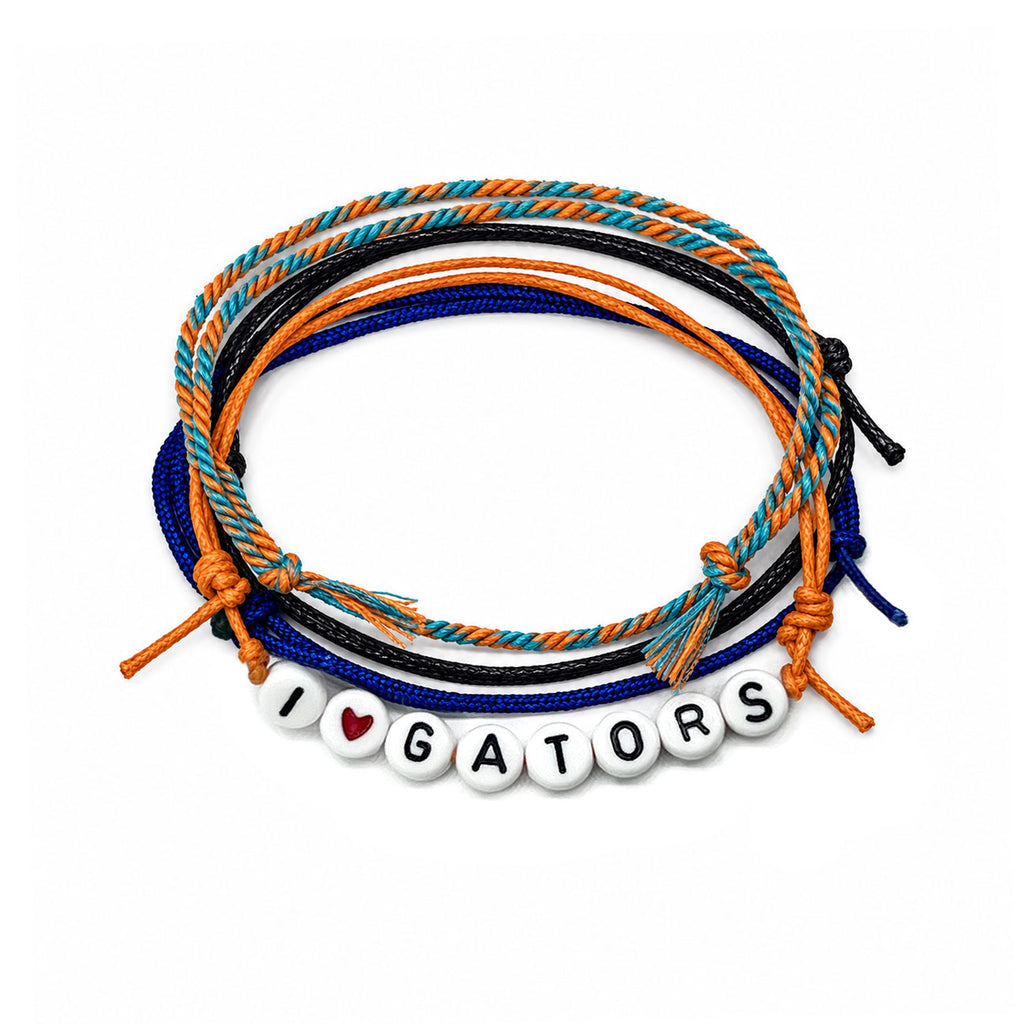 I Heart Gators Bracelet Stack - four adjustable game-day bracelets with letter beads in orange, blue and black