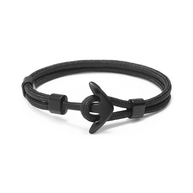 Men's black anchor bracelet featuring a durable black cord with a sleek 1.5-inch black metal anchor clasp. This stylish and water-resistant accessory is designed for secure wear, offering a bold nautical-inspired look perfect for everyday and formal occasions.