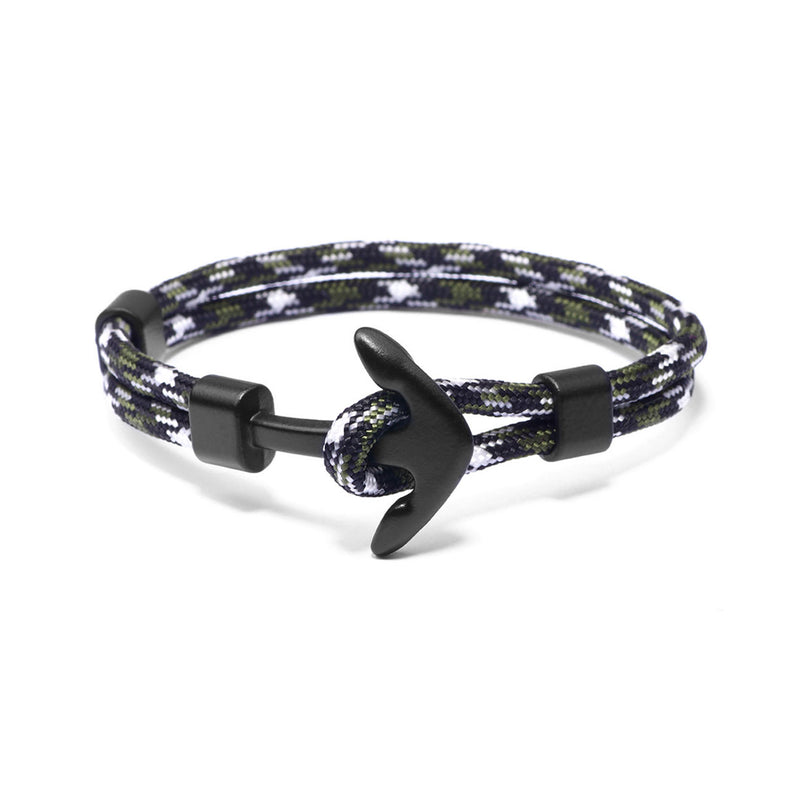 Men's anchor bracelet featuring a camo black and green nylon cord with a sleek 1-inch black metal anchor clasp. This rugged and stylish bracelet offers a secure water-resistant design perfect for outdoor adventures and everyday wear, adding a bold nautical-inspired touch.