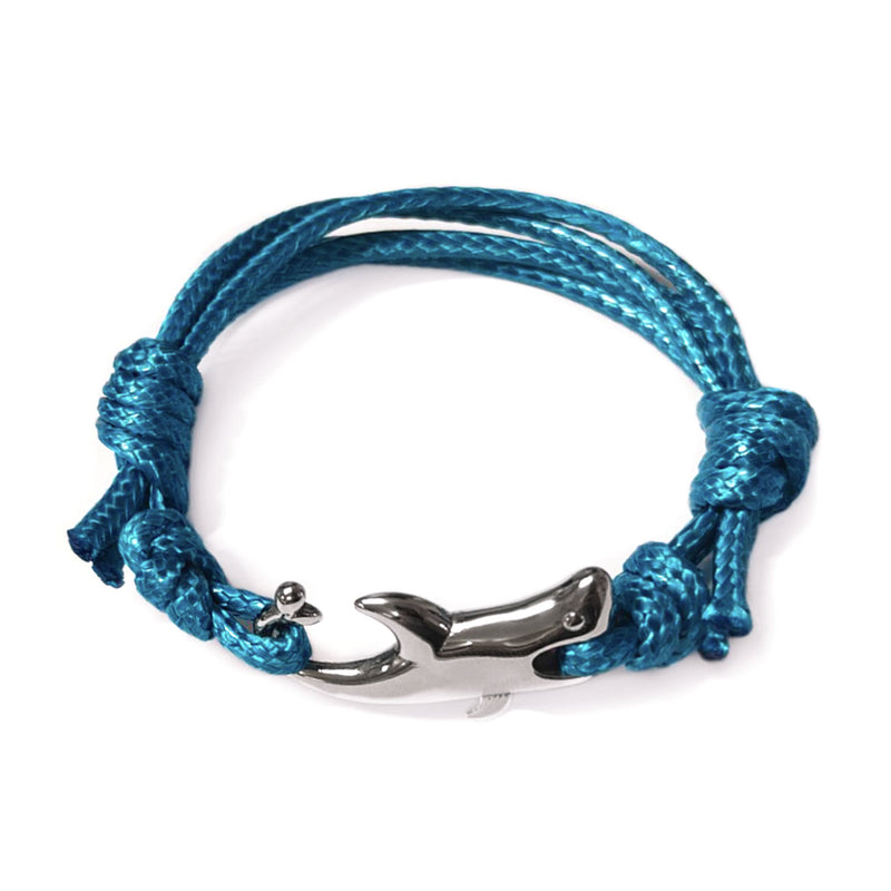 Men’s adjustable blue nylon cord bracelet with a sleek stainless steel shark-shaped clasp, offering a fun and durable accessory. Perfect for wrists sized 4-6 inches, this stylish shark bracelet adds a playful touch to casual, business or formal outfits.