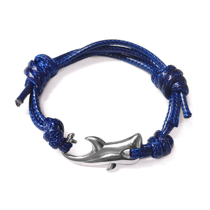 Men's dark blue nylon cord bracelet featuring a polished stainless steel shark-shaped clasp, inspired by the ocean's bold spirit. Adjustable to fit wrists sized 4-6 inches, this ocean-themed shark bracelet adds a fun and stylish twist to both casual and formal wear.