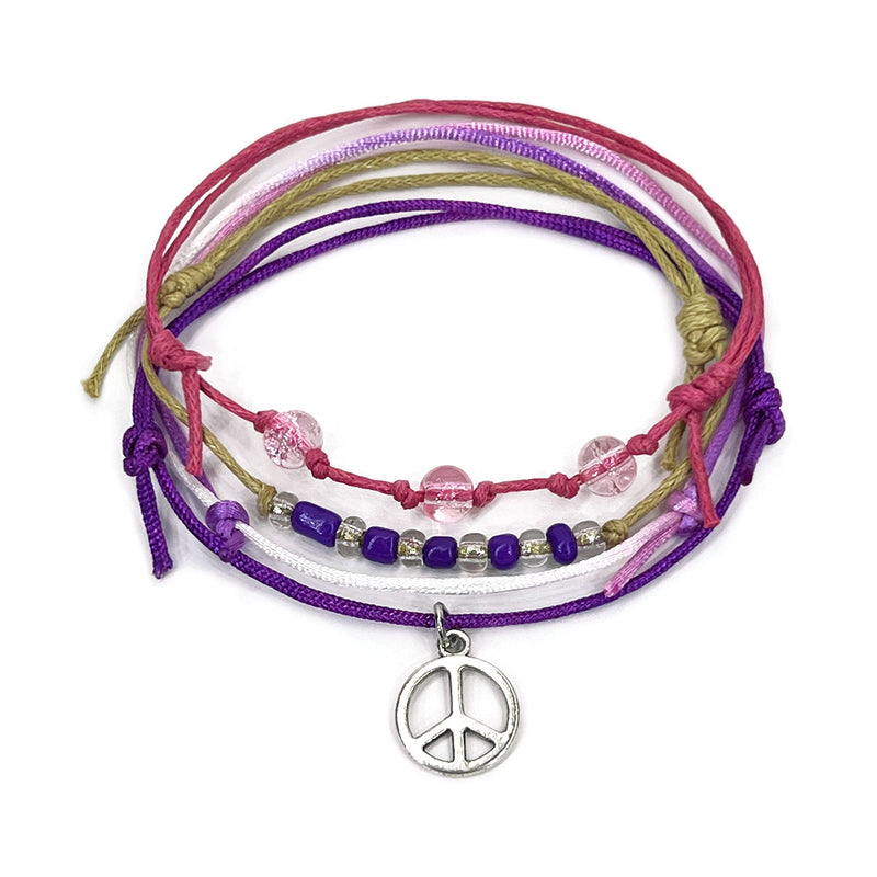 O Yeah Gifts Silver Peace Sign Bracelet with Pink and Purple Beads – A sweet and playful bracelet featuring a silver peace charm, pink and purple beads, perfect for besties, BFFs and sweetheart friends.