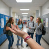Teens in a school hallway wearing O Yeah Gifts Pink 67 Bracelet Pack, a waterproof adjustable 6-7 meme bracelet accessory with white 67 beads, trending as Gen Alpha six seven slang jewelry and everyday school-safe 67 accessories.