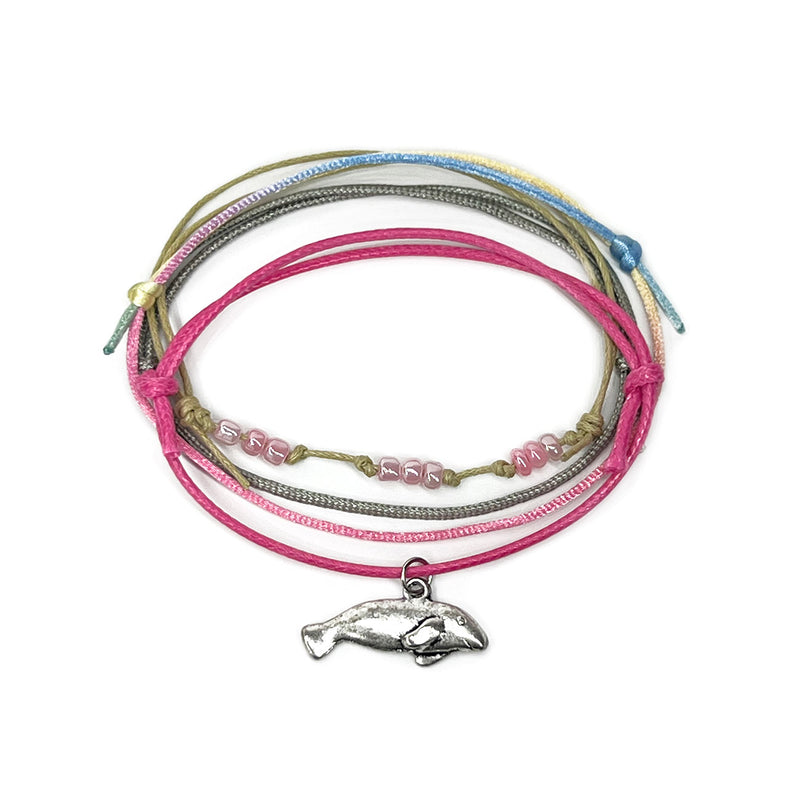 Pink cord Manatee Bead Bracelet with silver manatee charm and beaded accents from O Yeah Gifts.