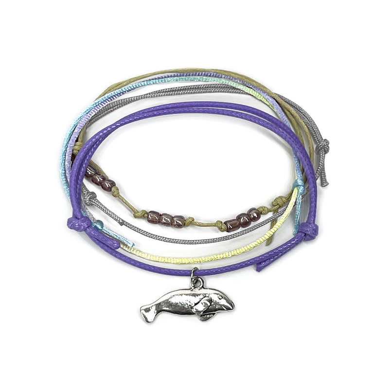 Purple cord Manatee Bead Bracelet with silver manatee charm and soft beaded accents from O Yeah Gifts.