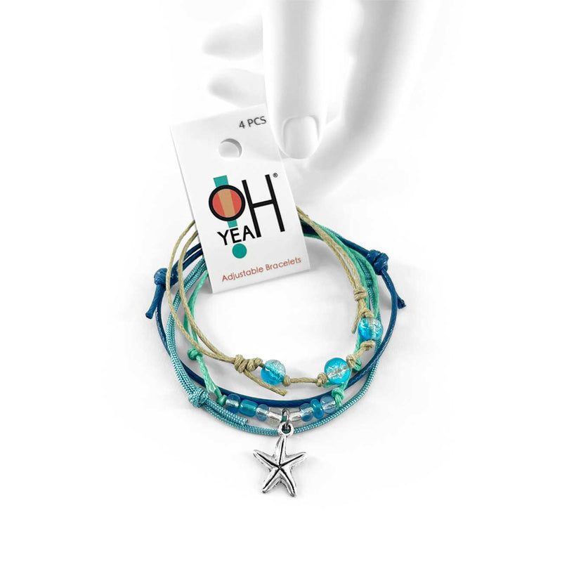 Starfish charm bracelet set with adjustable beach string cords and ocean blue beads from O Yeah Gifts, 4-pack waterproof boho style bracelets