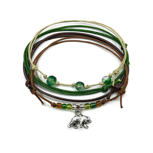 Bear Bracelet Style Pack with 4 adjustable, waterproof charm bracelets in earthy tones, shimmer glass beads and silver bear charm bracelets for wild outdoor vibes.