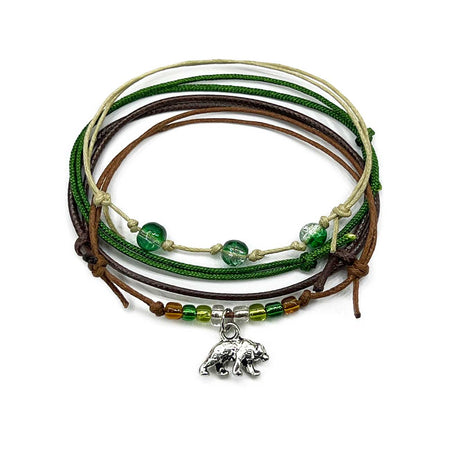 Bear Bracelet Style Pack with silver charm, green earthy cords and shimmer glass beads