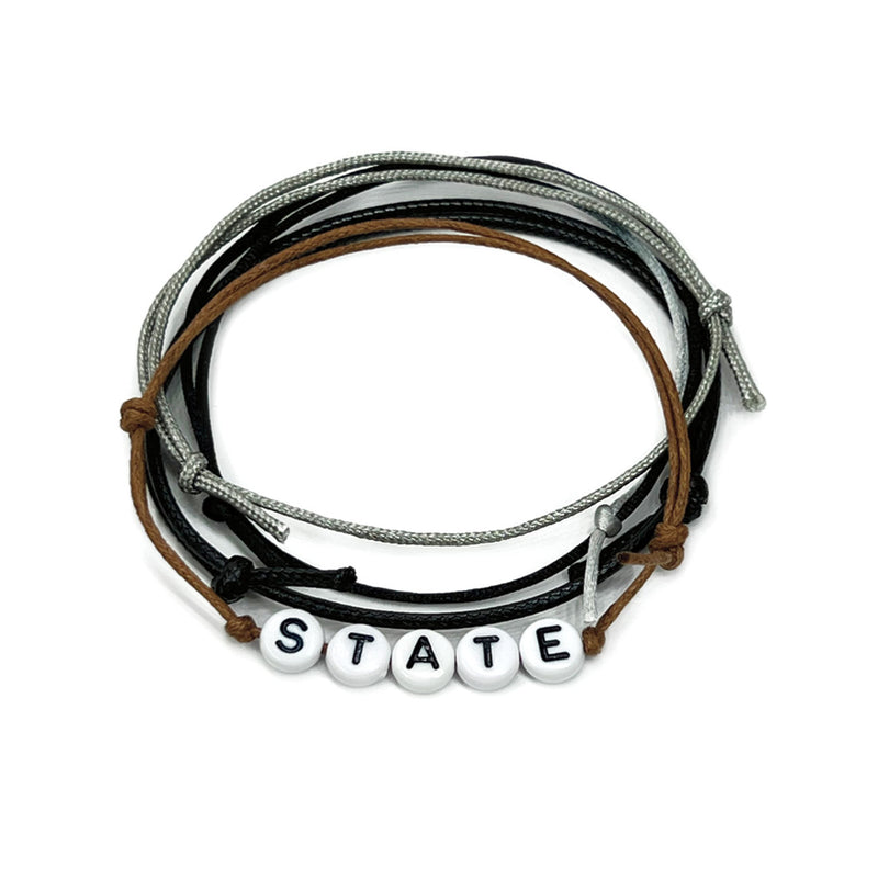 Black beaded state bracelet with custom letter beads and adjustable stackable cords. Custom bracelets in black beads: Alabama
Alaska
Arizona
Arkansas
California
Colorado
Connecticut
Delaware
Florida
Georgia
Hawaii
Idaho
Illinois
Indiana
Iowa
Kansas
Kentucky
Louisiana
Maine
Maryland
Massachusetts
Michigan
Minnesota
Mississippi
Missouri
Montana
Nebraska
Nevada
New Hampshire
New Jersey
New Mexico
New York
North Carolina
North Dakota
Ohio
Oklahoma
Oregon
Pennsylvania
Rhode Island
South Carolina
South Dakota

