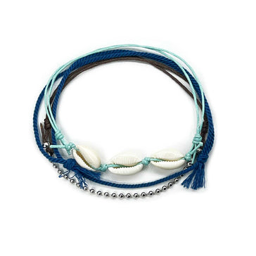 Blue Cowrie Shell Anklet Set with ocean cords, ball chain and 3 real natural shells, perfect surfer anklets