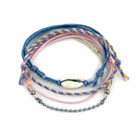 Blue Cowrie Shell Bracelet Pack with real shell, braided cords and waterproof beach colors