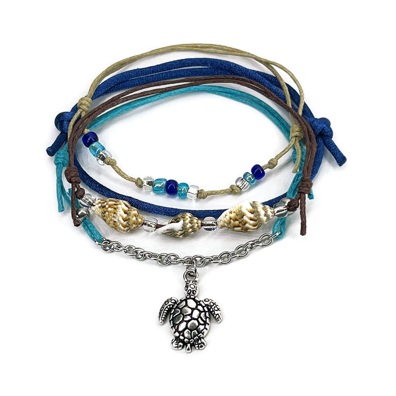 Blue Sea Turtle Shell Bracelet Style Pack with silver turtle charm, beach-tone cords and shimmer beads