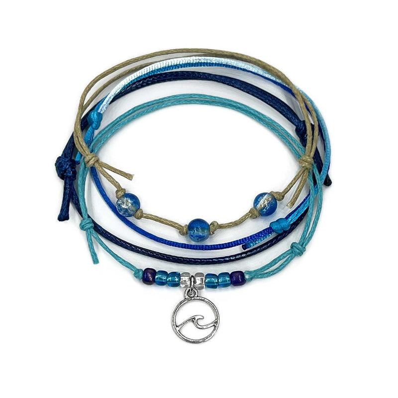 Blue Wave Bracelet Style Pack – Bulk Stackable Beach Bracelets with Silver Charm for Retailers