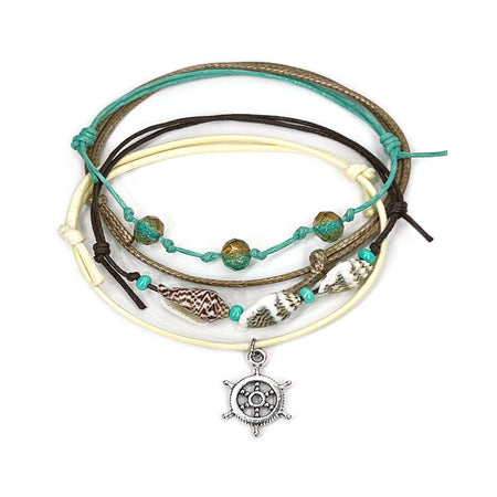 Boat Helm Charm Shell Bracelet with teal, brown, beige and cream waterproof cords and silver nautical wheel charm