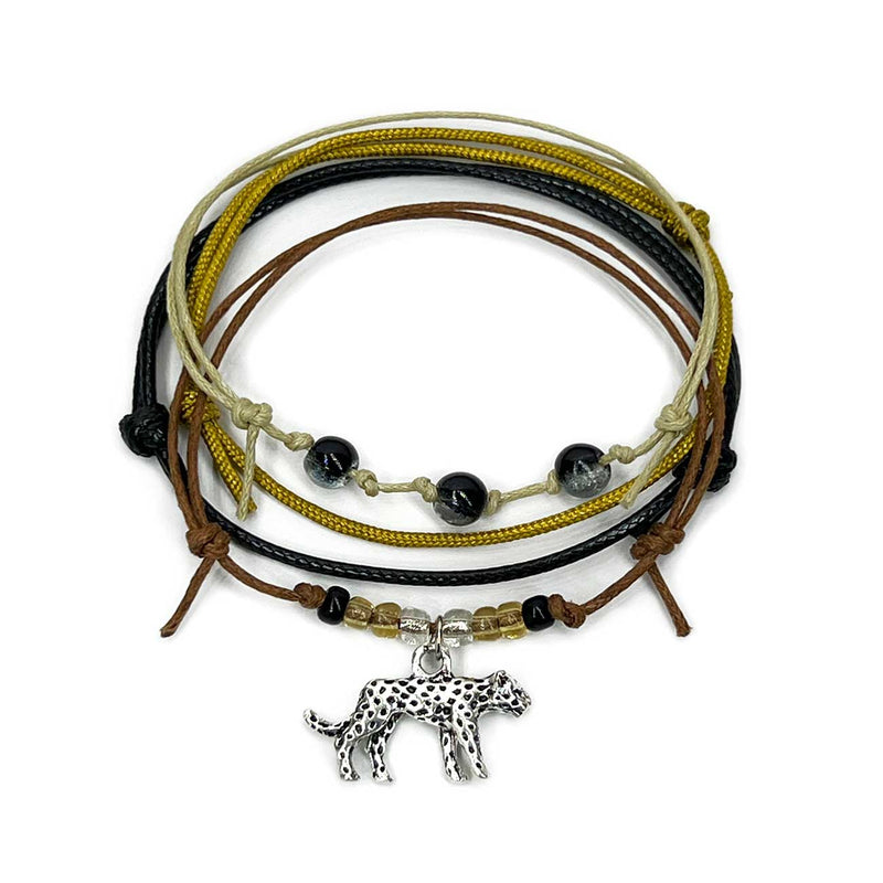 Cheetah Bracelet Style Pack with silver charm, safari colors and stackable beaded bracelets