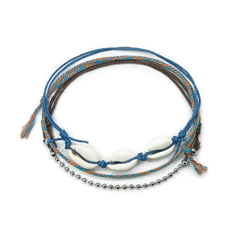 Dark blue cowrie shell anklet set with natural cowrie shells, navy cord, blue-orange braid and silver ball chain