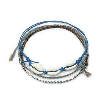 Dark blue cowrie shell anklet set with natural cowrie shells, navy cord, blue-orange braid and silver ball chain
