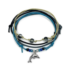 Dolphin Bracelet Style Pack in Black: 4 black, gray, teal and khaki bracelets with a silver-tone dolphin charm, on white