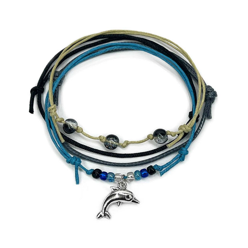 Black Dolphin Bracelet – Stackable Waterproof Charm Bracelet with Silver Dolphin Charm and Glass Beads