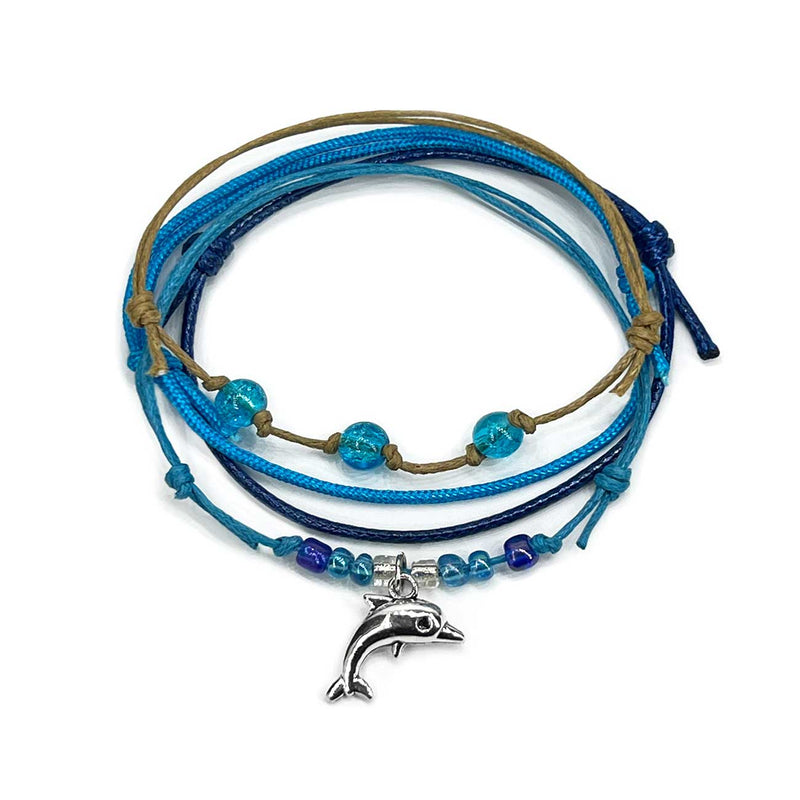 Blue Dolphin Bracelet – Waterproof Stackable Beach Bracelet with Silver Dolphin Charm and Blue Glass Beads