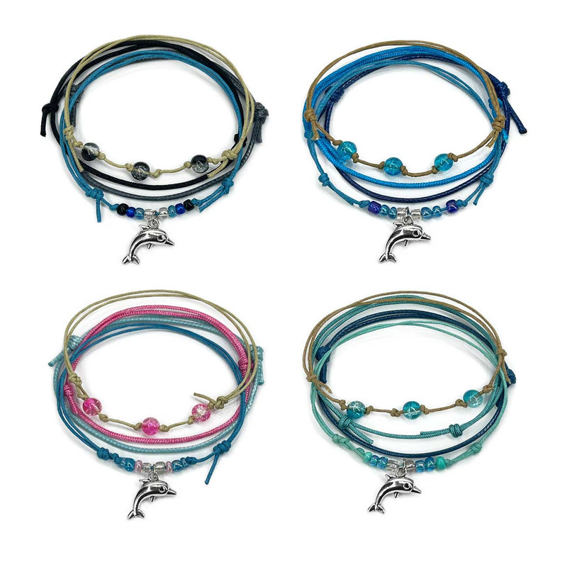 Dolphin Bracelet Style Pack with silver dolphin charms glass beads and waterproof nylon cords in beachy ocean colors. Choose between 4 color stacks!