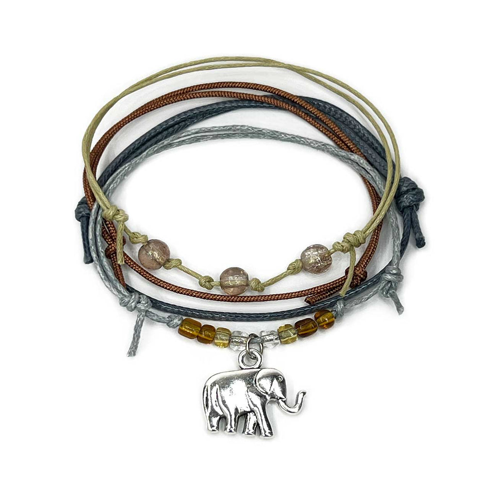Elephant Bracelet Style Pack with silver elephant charm earthy gray shimmer beads and waterproof cord bracelets