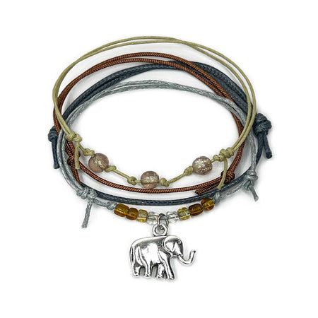 Elephant Bracelet Style Pack with silver elephant charm earthy gray shimmer beads and waterproof cord bracelets