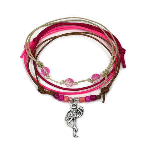 Flamingo Bracelet Style Pack with silver flamingo charms pink ombre beads and waterproof beach cords