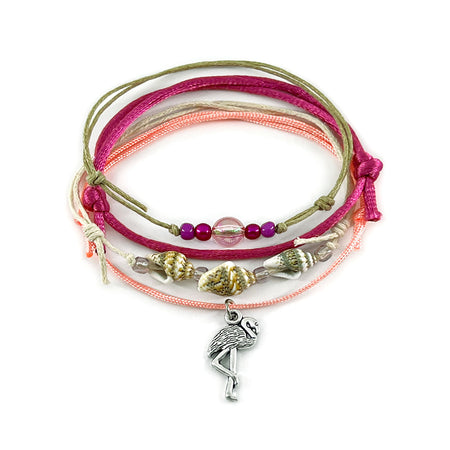 Flamingo Shell Charm Bracelet Pack with pink cords and silver charm