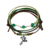 Frog Bracelet Style Pack: 4 green, brown and beige bracelets with a silver-tone frog charm, flat lay on white