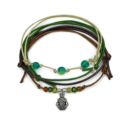 Frog Bracelet Style Pack with silver charm and green nylon cords with shimmer beads
