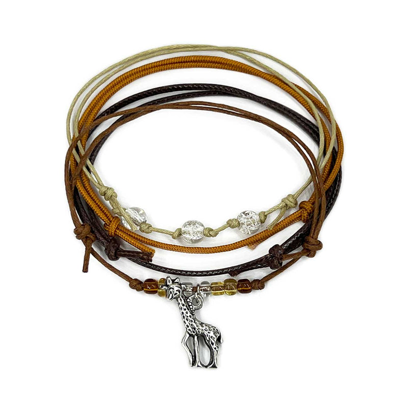Giraffe Bracelet Style Pack with silver charm, shimmer beaded bracelets and golden nature tones