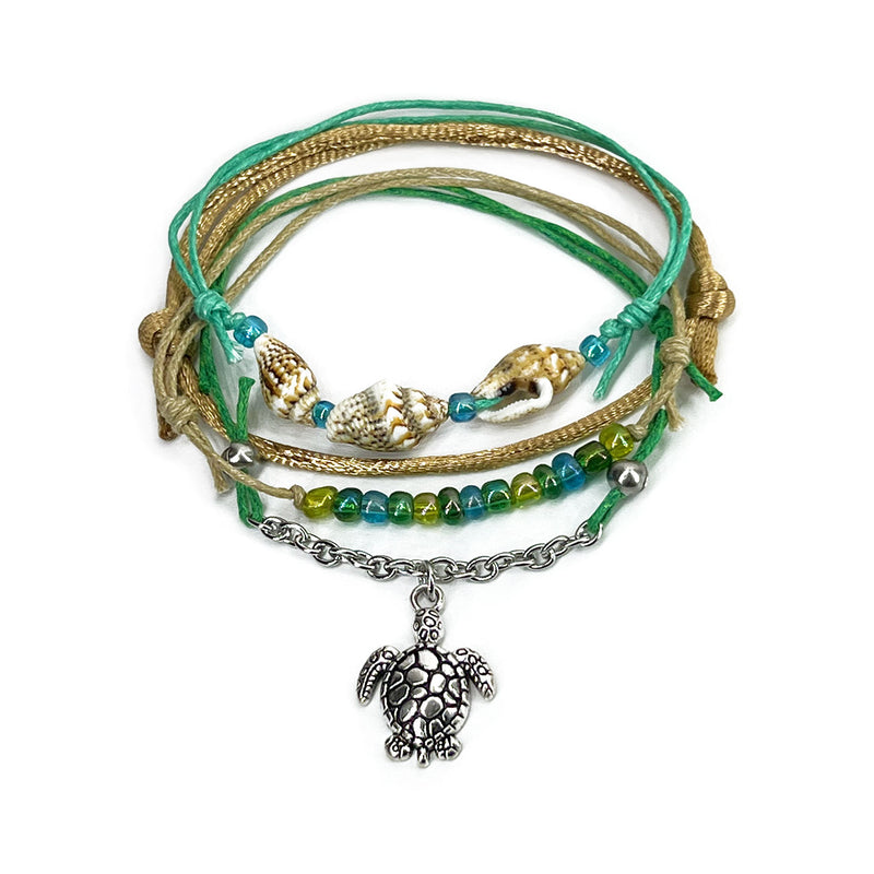 Green sea turtle shell charm bracelet set with real shells and ocean beads