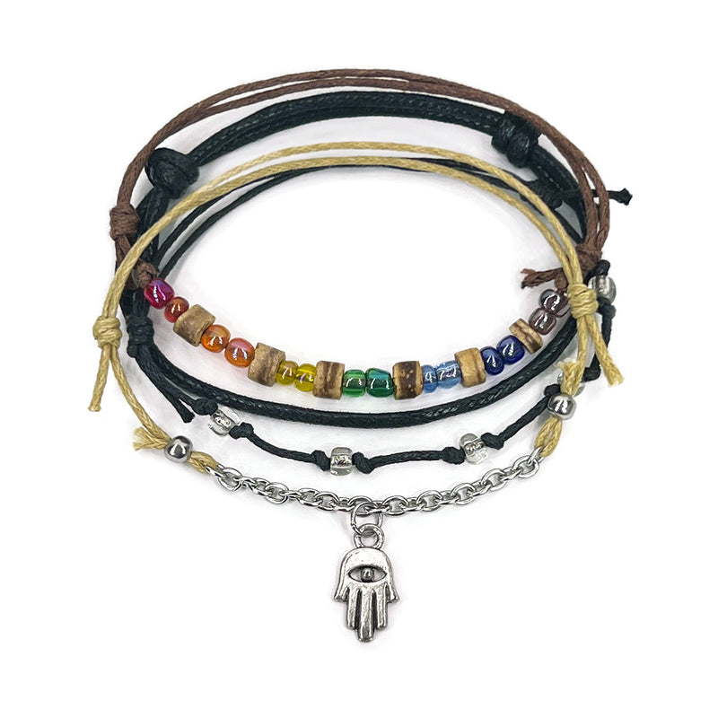 Hamsa Hand Coconut Bead Bracelet Pack with rainbow glass beads and silver charm