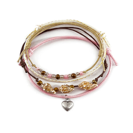 Heart Shell Charm Bracelet Pack with pink braided cords, real shells and silver heart charm
