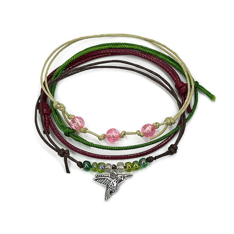 Hummingbird Bracelet Style Pack with a silver charm, ombre glass beads and beaded mint pink beige bracelets