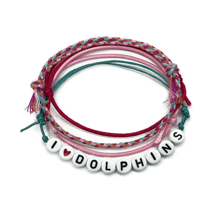 I Heart Dolphins Bracelet Style Pack with pink, teal and white cords and letter beads