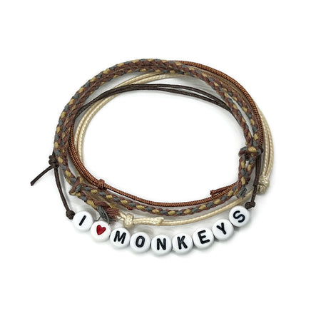 I Heart Monkeys Bracelet Pack with letter beads and braided earth-tone cords
