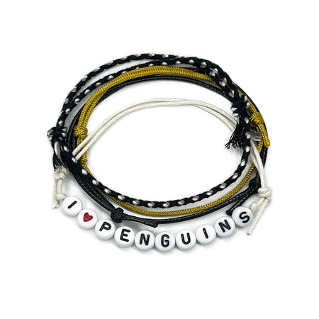 I Heart Penguins Bracelet Pack with black, white and yellow cords and red heart letter beads
