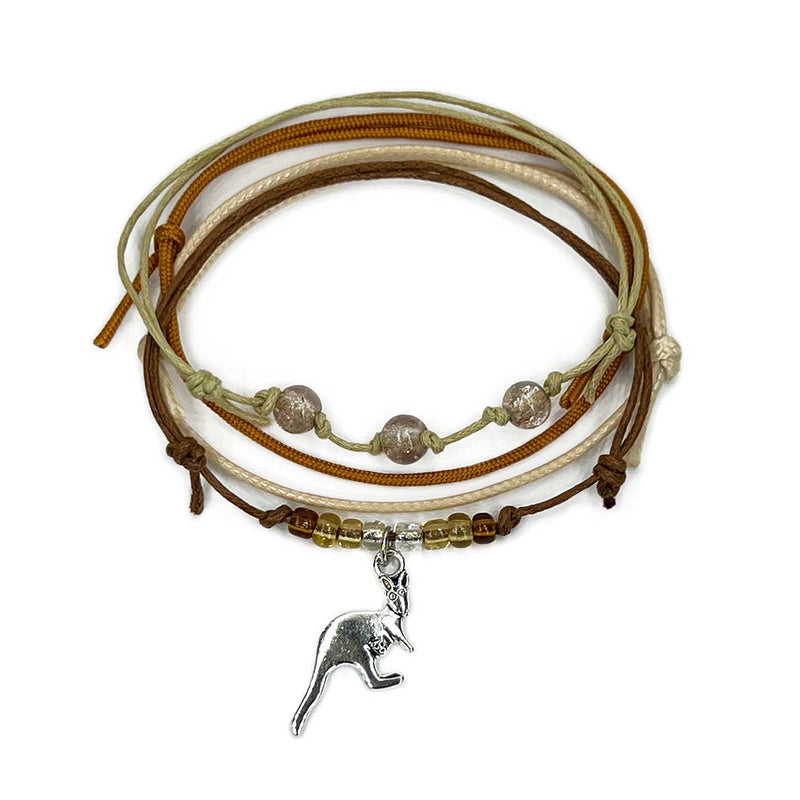 Kangaroo Bracelet Style Pack with silver kangaroo charm beaded bracelets and waterproof wildlife cords
