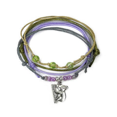 Gray koala bracelet stack on white: 4 adjustable string bracelets in gray, purple, beige with a silver-tone koala charm.
