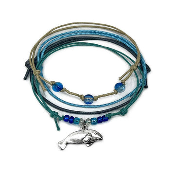 Manatee Bracelet Style Pack – Stackable Waterproof Blue Beach Bracelets with Silver Manatee Charm